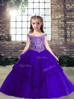 Purple Sleeveless Floor Length Beading and Lace and Appliques Lace Up Little Girls Pageant Dress