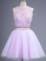 Beautiful Sleeveless Knee Length Beading Lace Up Quinceanera Court of Honor Dress with Lilac