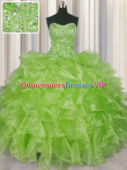 Great Visible Boning Strapless Sleeveless Sweet 16 Dresses Floor Length Beading and Ruffles Yellow Green Organza - Click Image to Close