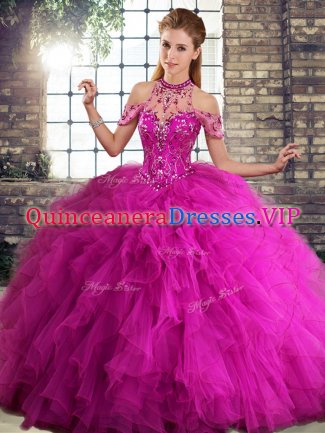 Ball Gowns Quinceanera Gown Fuchsia Halter Top Tulle Sleeveless Floor Length Lace Up