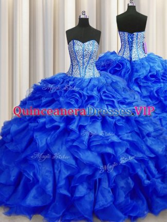 Clearance Visible Boning Royal Blue Organza Lace Up Sweetheart Sleeveless Quinceanera Gown Brush Train Beading and Ruffles