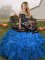 High Class Floor Length Blue And Black Quinceanera Gown Organza Sleeveless Embroidery and Ruffles