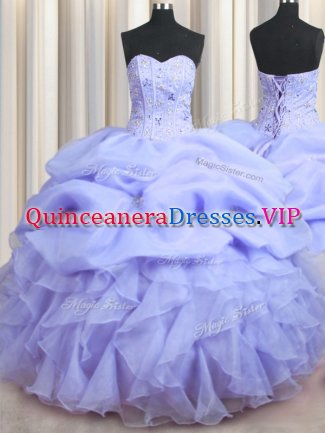 Visible Boning Ball Gowns Sweet 16 Dress Lavender Sweetheart Organza Sleeveless Floor Length Lace Up
