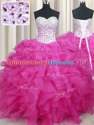 Halter Top Floor Length Lace Up Sweet 16 Quinceanera Dress Hot Pink for Military Ball and Sweet 16 and Quinceanera with Beading and Ruffles