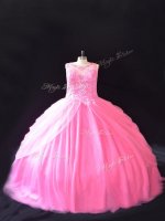 Flirting Ball Gowns Sleeveless Rose Pink 15 Quinceanera Dress Court Train Lace Up