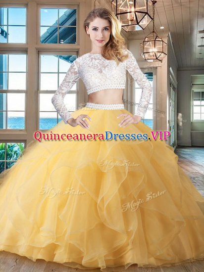 Brush Train Two Pieces Sweet 16 Dress Gold Scoop Organza Long Sleeves Zipper - Click Image to Close