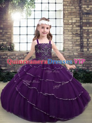 Eggplant Purple Straps Neckline Beading and Ruffled Layers Little Girls Pageant Dress Sleeveless Lace Up