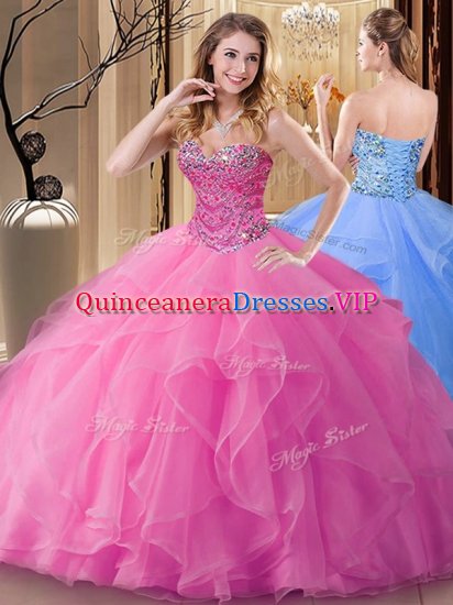 Fashion Rose Pink Tulle Lace Up Sweetheart Sleeveless Floor Length Quinceanera Gown Beading - Click Image to Close