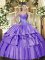 Great Sleeveless Organza and Taffeta Floor Length Lace Up Quince Ball Gowns in Lavender with Beading and Ruffled Layers
