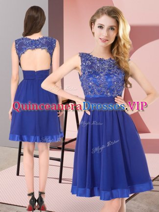 Classical Sleeveless Chiffon Mini Length Backless Dama Dress for Quinceanera in Royal Blue with Beading and Appliques