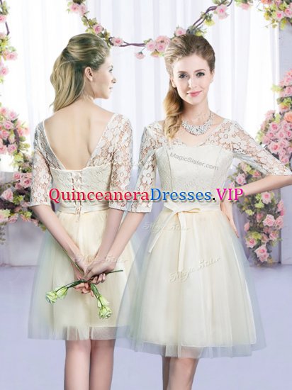 High Class Lace and Bowknot Dama Dress Champagne Lace Up Half Sleeves Mini Length - Click Image to Close