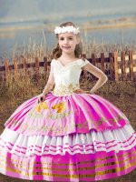 Amazing Lilac Ball Gowns Satin Off The Shoulder Sleeveless Embroidery Floor Length Lace Up Little Girl Pageant Gowns