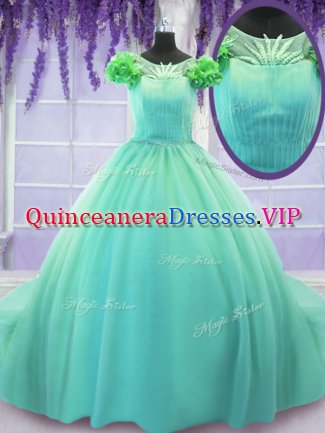 Scoop Short Sleeves Court Train Hand Made Flower Lace Up Sweet 16 Dress