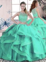 Turquoise Sleeveless Beading and Ruffles Floor Length Quinceanera Dress
