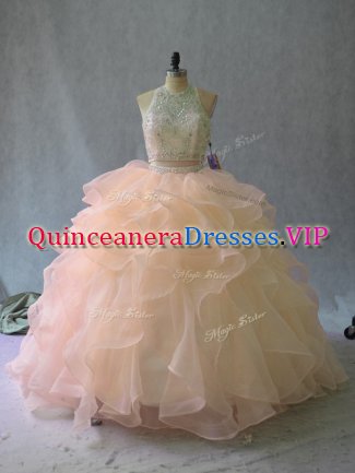 Peach Halter Top Neckline Beading and Ruffles Sweet 16 Dress Sleeveless Backless