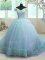 Glorious Light Blue Quince Ball Gowns Military Ball and Sweet 16 and Quinceanera with Hand Made Flower Off The Shoulder Sleeveless Court Train Lace Up