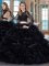 Scoop Backless Floor Length Black 15 Quinceanera Dress Organza Long Sleeves Ruffles