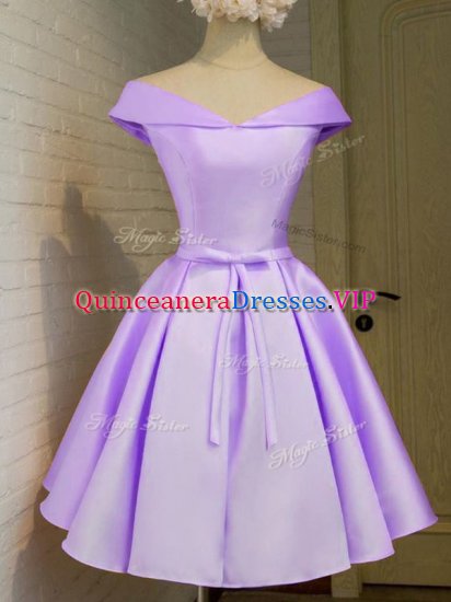 Romantic Cap Sleeves Knee Length Belt Lace Up Dama Dress with Lavender - Click Image to Close