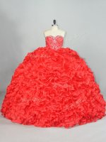 Cute Red Ball Gowns Beading and Ruffles Ball Gown Prom Dress Lace Up Organza Sleeveless
