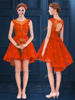 Decent Sleeveless High Low Lace Clasp Handle Court Dresses for Sweet 16 with Rust Red