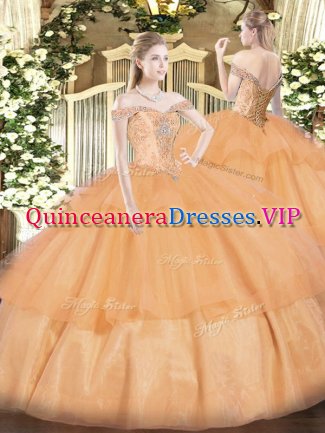Chic Ball Gowns 15th Birthday Dress Orange Off The Shoulder Organza Sleeveless Floor Length Lace Up