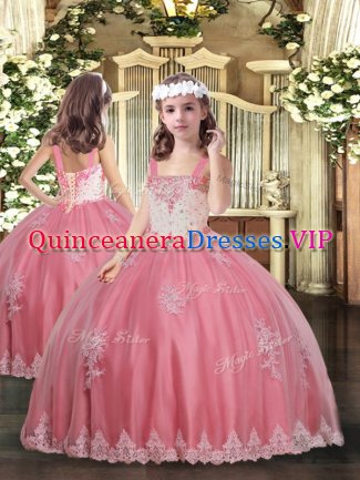 Fashion Watermelon Red Tulle Lace Up Straps Sleeveless Floor Length Child Pageant Dress Appliques