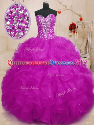 Perfect Fuchsia Sweetheart Lace Up Beading and Ruffles Quinceanera Gown Sleeveless
