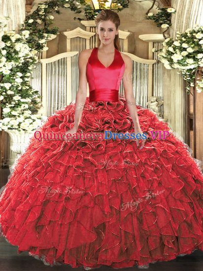Sleeveless Organza Floor Length Lace Up Ball Gown Prom Dress in Red with Ruffles - Click Image to Close
