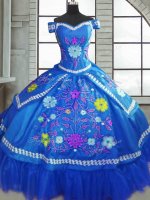 Short Sleeves Floor Length Beading and Embroidery Lace Up Sweet 16 Dress with Blue