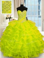 Yellow Green 15th Birthday Dress Military Ball and Sweet 16 and Quinceanera with Beading and Ruffled Layers Sweetheart Sleeveless Lace Up