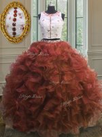 Hot Sale Scoop Clasp Handle Rust Red Sleeveless Appliques and Ruffles Floor Length Quinceanera Dresses