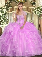 Unique Lilac Strapless Lace Up Appliques and Ruffles 15th Birthday Dress Sleeveless