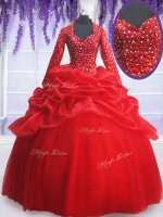 Popular Red Ball Gowns Beading and Sequins and Pick Ups Sweet 16 Dresses Zipper Organza and Tulle Long Sleeves Floor Length
