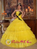 Leipzig Germany Yellow Layered Quinceanera Dress With Appliques Bodice Strapless In Leipzig Germany