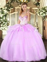 Lovely Lilac Ball Gowns Sweetheart Sleeveless Organza Floor Length Lace Up Beading 15 Quinceanera Dress