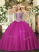 New Arrival Sleeveless Tulle Floor Length Lace Up Sweet 16 Dress in Fuchsia with Beading(SKU SJQDDT967002-4BIZ)