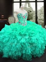 Stylish Embroidery and Ruffles 15 Quinceanera Dress Turquoise Lace Up Sleeveless Floor Length