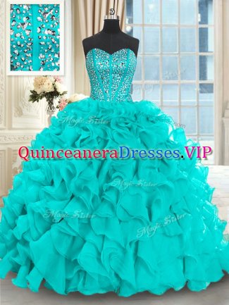 Graceful Aqua Blue Sleeveless Brush Train Beading and Ruffles With Train Sweet 16 Dresses