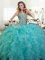 Turquoise Sleeveless Organza Lace Up Quince Ball Gowns for Military Ball and Sweet 16 and Quinceanera