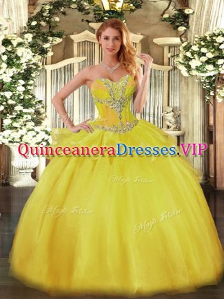 Gold Ball Gowns Beading Quinceanera Gowns Lace Up Tulle Sleeveless Floor Length