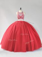Fantastic Sleeveless Floor Length Beading Backless Vestidos de Quinceanera with Red