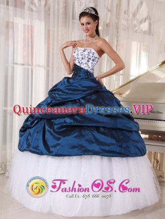 Ludlow Vermont/VT White and Navy Blue Taffeta and Organza Embroidery Decorate Bust Ball Gown Floor-length Quinceanera Dress For
