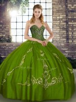 Discount Sweetheart Sleeveless Sweet 16 Dress Floor Length Beading and Embroidery Olive Green Tulle