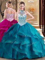 Teal Lace Up Halter Top Beading and Ruffles Ball Gown Prom Dress Tulle Sleeveless Brush Train
