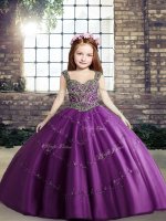 Purple Little Girl Pageant Gowns Party and Sweet 16 and Wedding Party with Beading Straps Sleeveless Lace Up