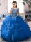 Artistic Floor Length Blue Sweet 16 Dresses Organza Sleeveless Beading and Ruffles