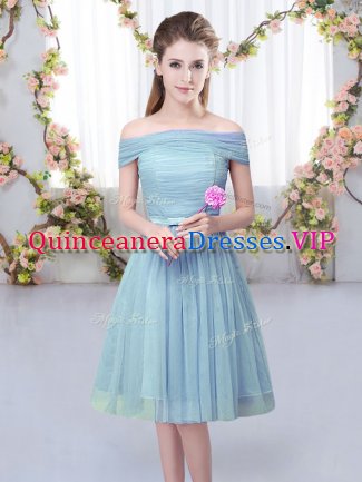 Custom Made Blue Empire Off The Shoulder Short Sleeves Tulle Knee Length Lace Up Belt Quinceanera Court of Honor Dress