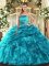 Comfortable Teal Organza Lace Up Strapless Sleeveless Floor Length Ball Gown Prom Dress Ruffles and Pick Ups