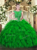 Fantastic Floor Length Zipper Sweet 16 Dress Green for Military Ball and Sweet 16 and Quinceanera with Beading and Ruffles