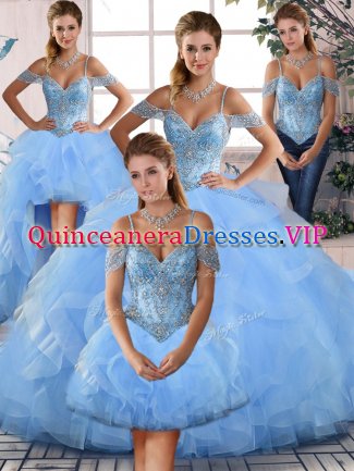 Custom Design Blue Lace Up Sweet 16 Quinceanera Dress Beading and Ruffles